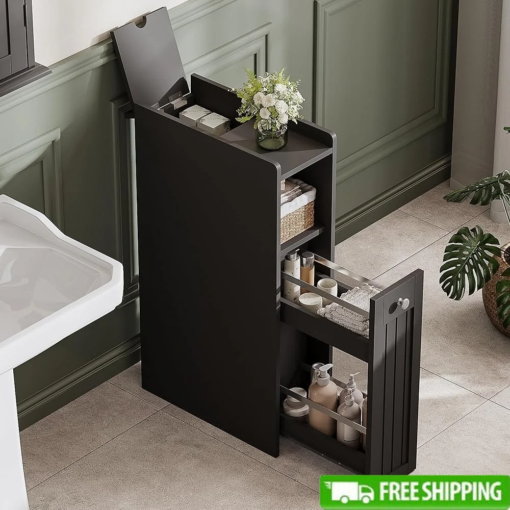 

Narrow Slim Bathroom Storage Cabinet with Slide Out Drawer Storage Solution Toilet Paper Holder Organizer Small Spaces