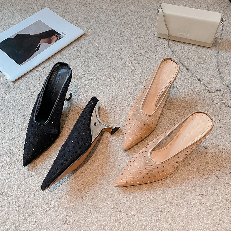 Woman shoes New Temperament Mesh Rhinestone Hollow Out Breathable European Fashion Irregular High Heel Casual Half Slippers