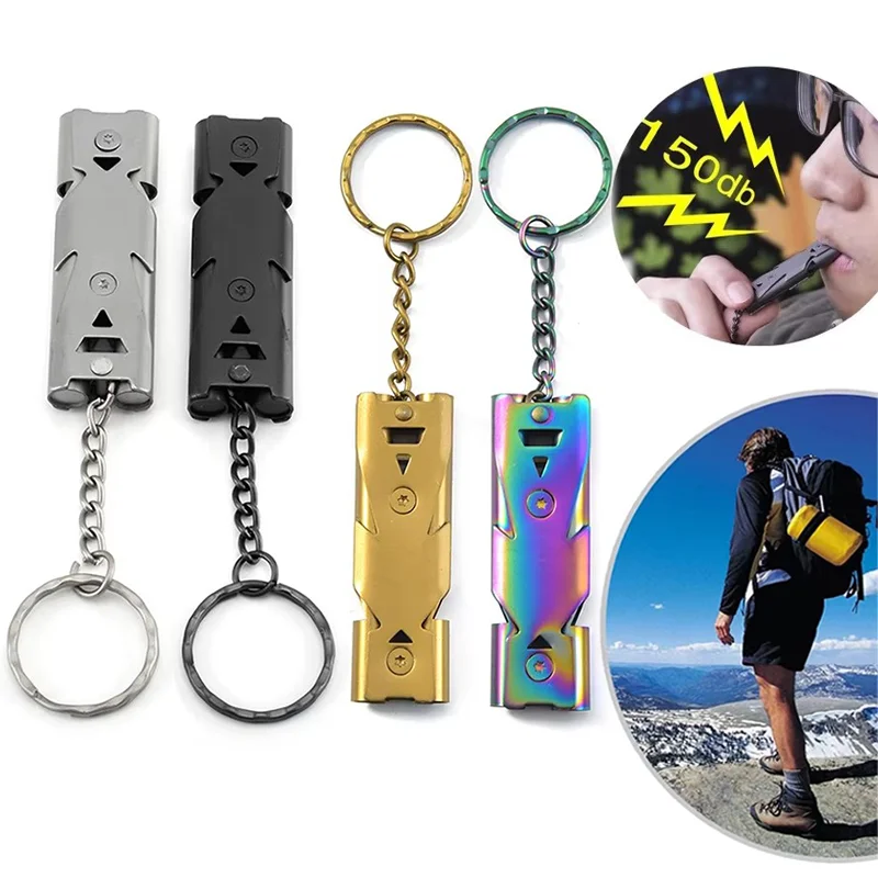 

Portable Dual-tube Sonic Boom Whistle Keychain Stainless Steel Multifunction Outdoor Survival Emergency SOS High Decibel Whistle