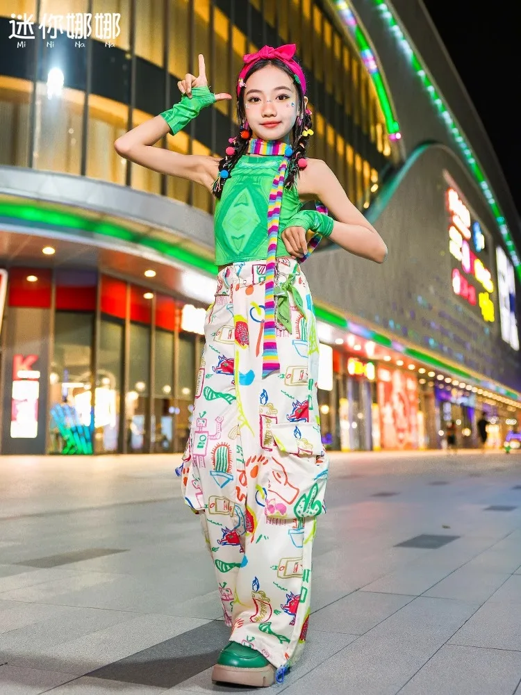 Girl's jazz dance costume green dopamine crop top suit fashion show explosive street dance costume