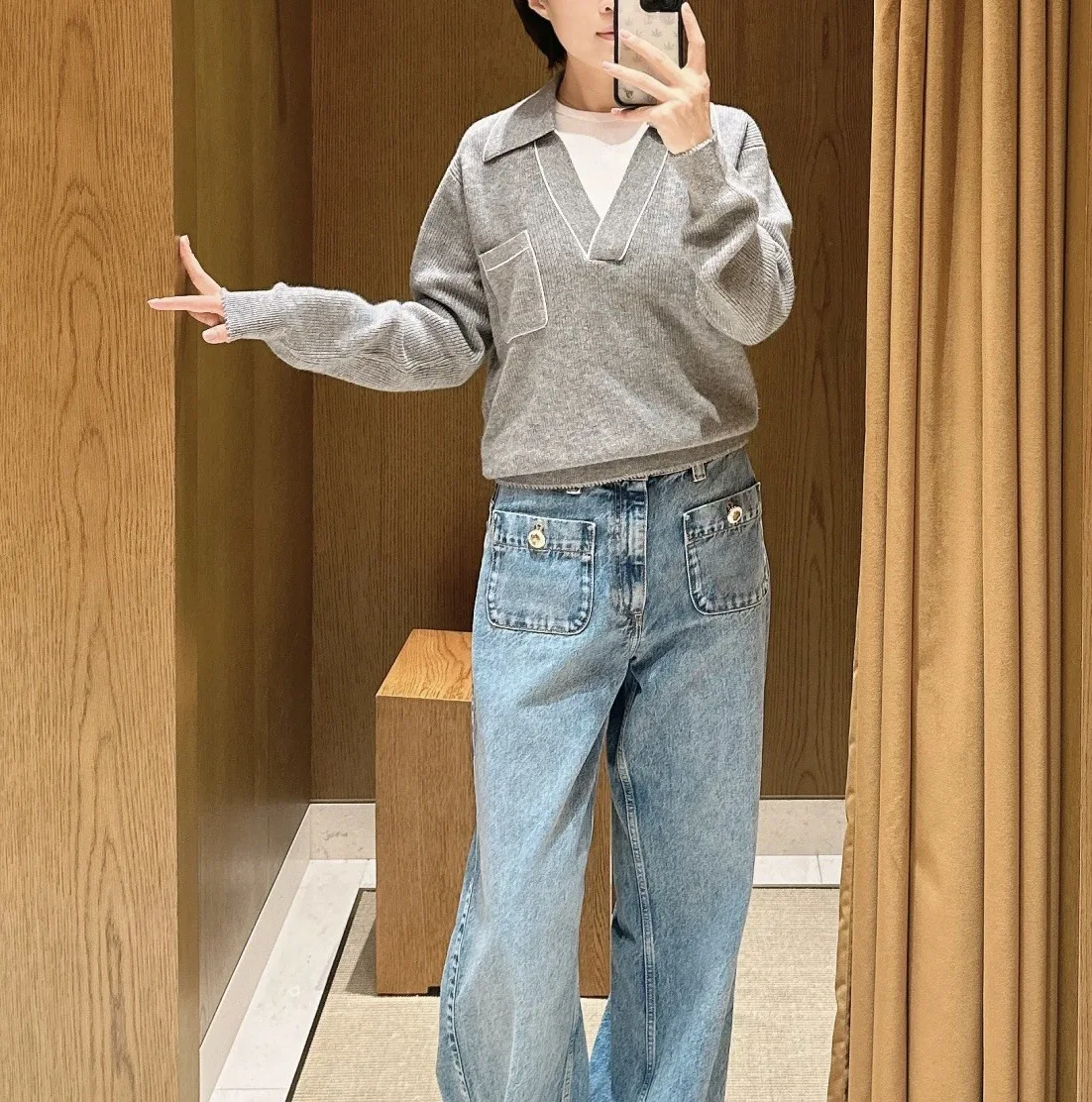 

Fall/Winter Women V-Neck Long Sleeve Contrast Solid Knit Sweater Pocket Loose Soft Casual Elegant Knitwear Pullover ﻿