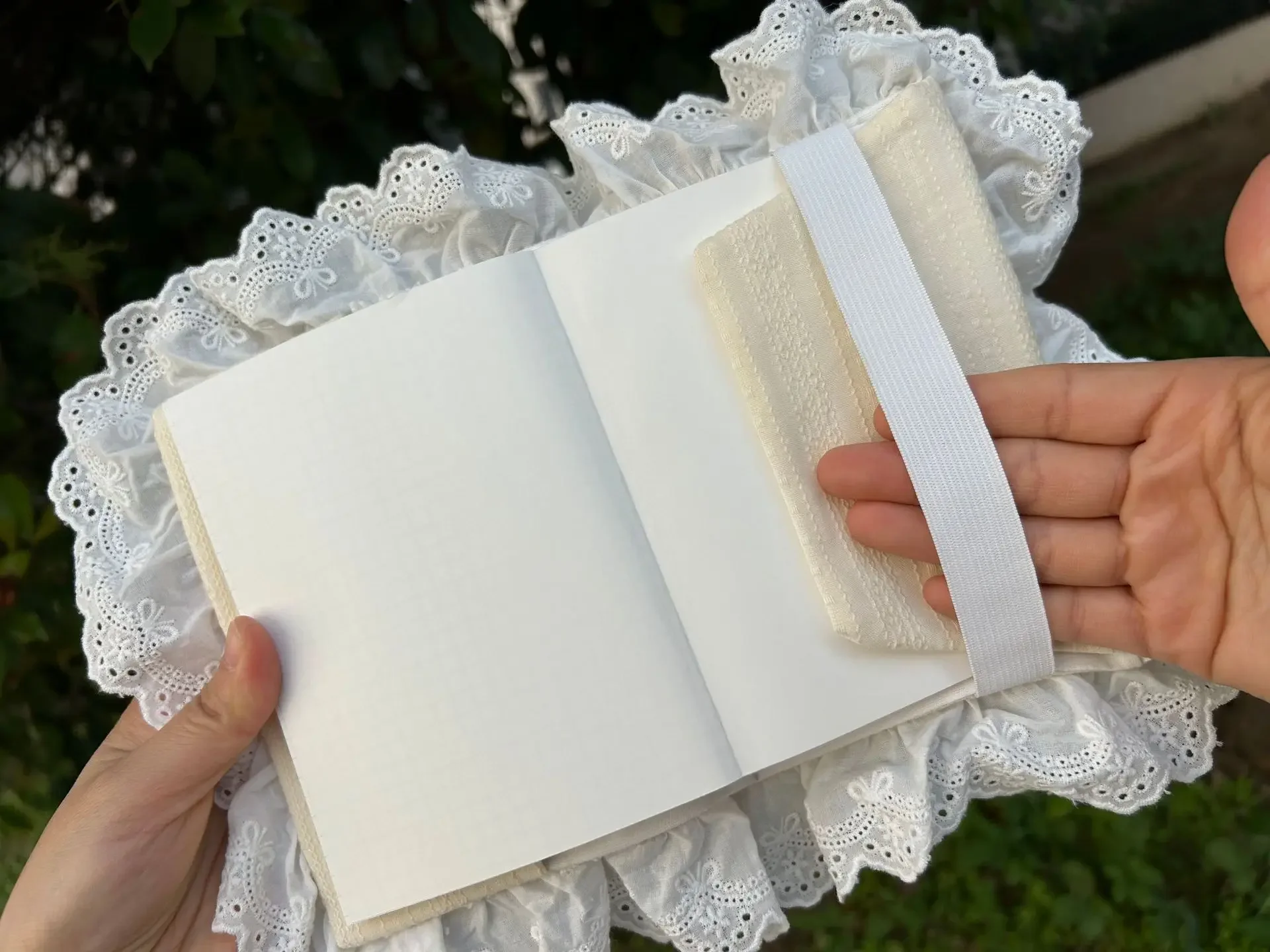 A5 Fabric Lace Book Jacket, High Aesthetic Adjustable Notebook Protective Cover, Reusable Handmade Ledger Sleeve - view 5