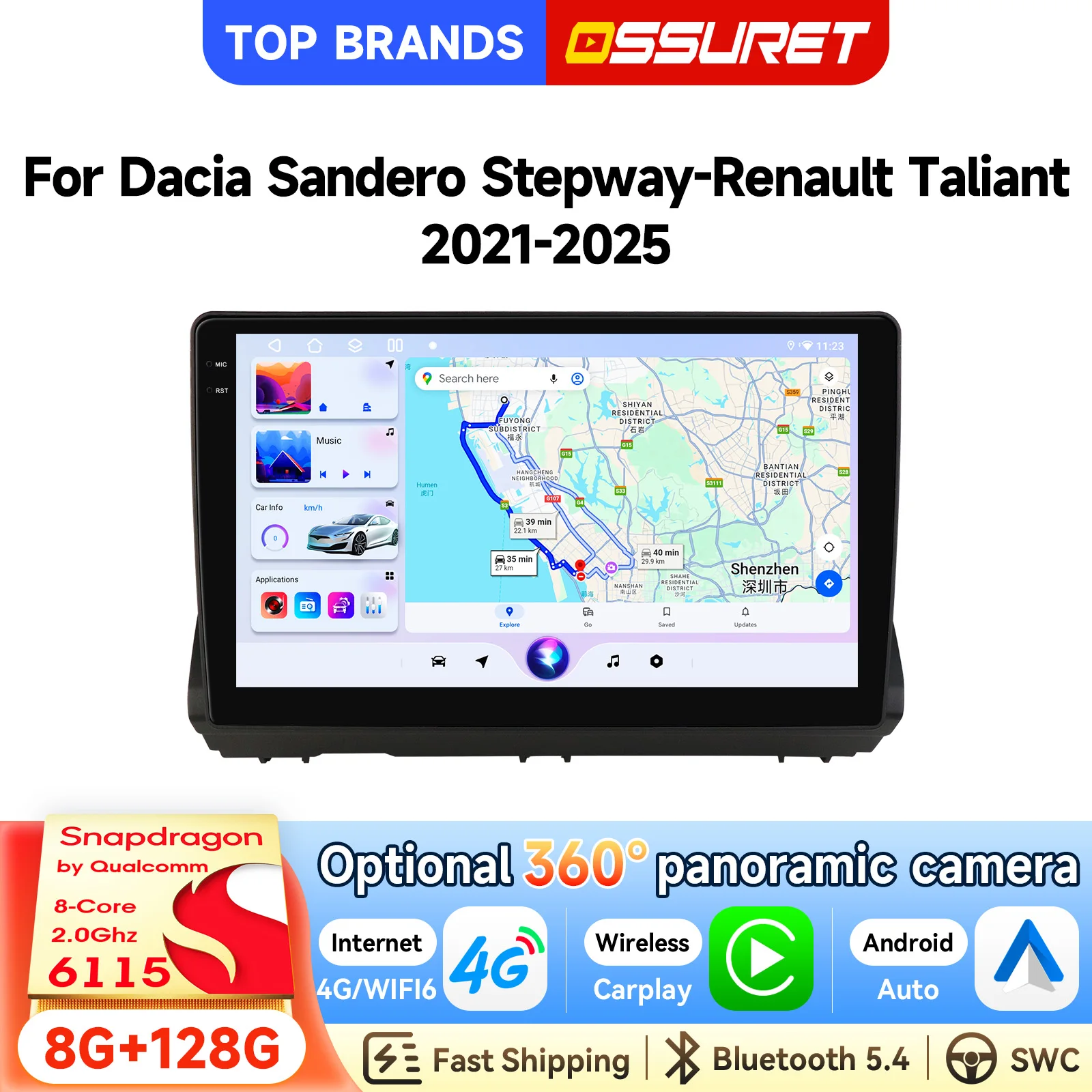 OSSURET Schneller Versand GPS-Navigation 2Din 10,1 Zoll Android15 Autoradio für Dacia Sandero Stepway/Renault Taliant 2021-2025 Autoradio DSP Audio SWC CarPlay Android Auto Head Unit 4G WiFi