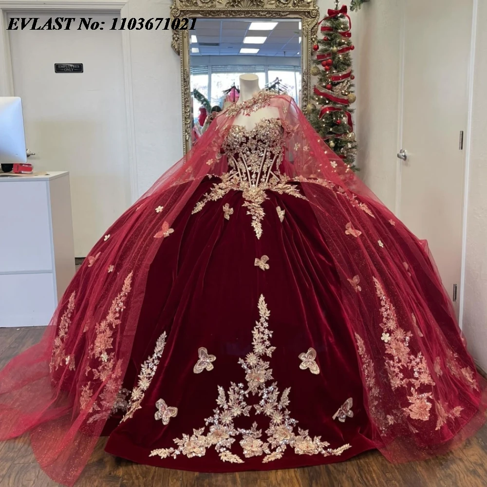 EVLAST 2024 Burgundy Quinnceanera Dress Ball Gown Gold Lace Applique Beading With Cape Corset Sweet 16 Vestidos De 15 Anos SQ694