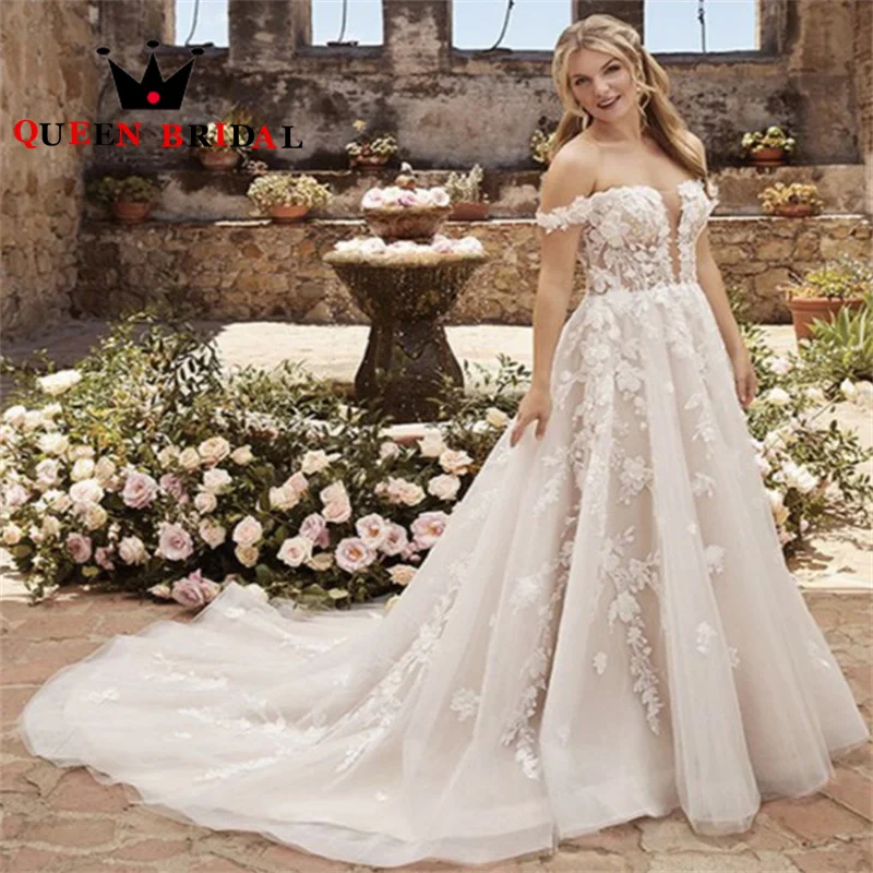 

Elegant A Line Off The Shoulder Wedding Dresses Appliques Lace Deep V Sleeveless Bridal Gowns Vestidos De Novia Custom S27Y