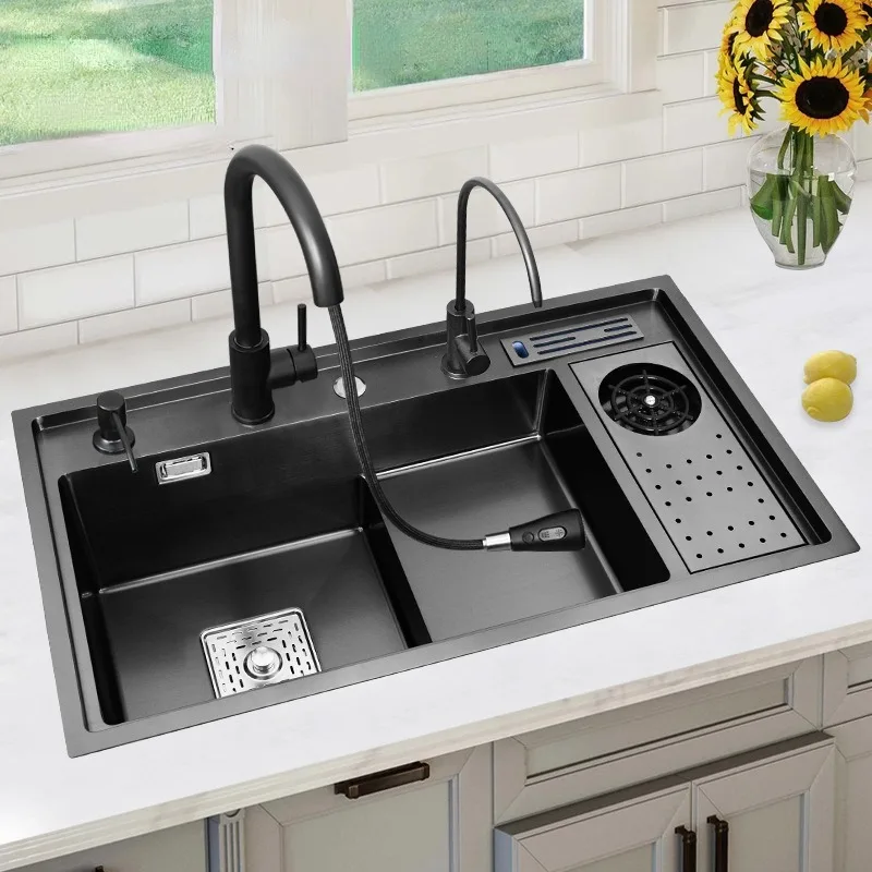 

304 Black Stainless Steel Kitchen Sink with Large Single Bowl and Removable Drainboard