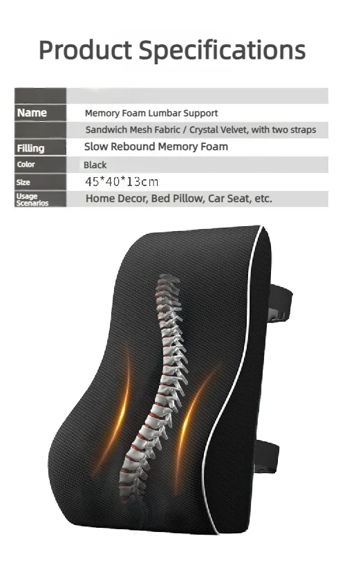 Ergonomic Memory Foam Lumbar Support Pillow - Universal Back Cushion for Office Chair, Car Seat, Wheelchair