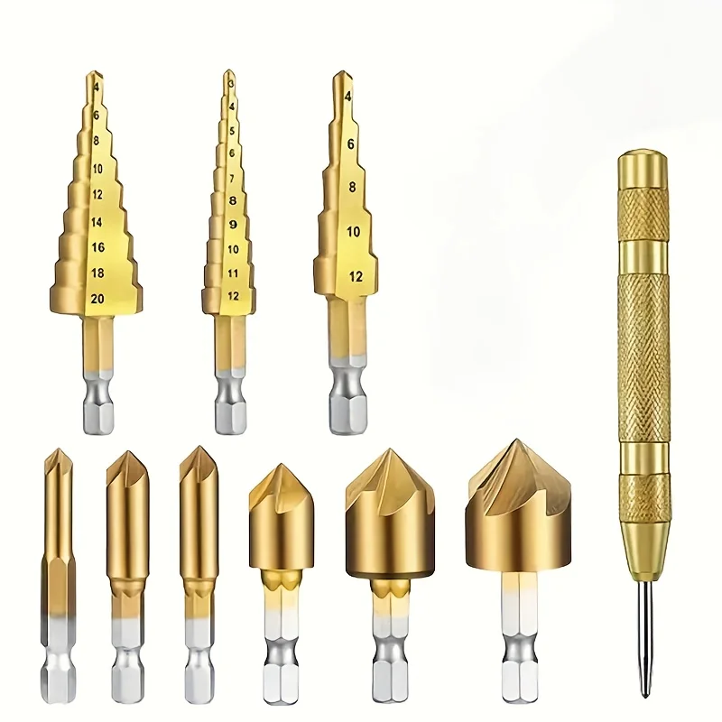 10pcsHeavy-Duty Stainless Steel Drill Bit Set -  Center Punches, Three-Flute Drills, Five-Groove Taps, Precision Measuring