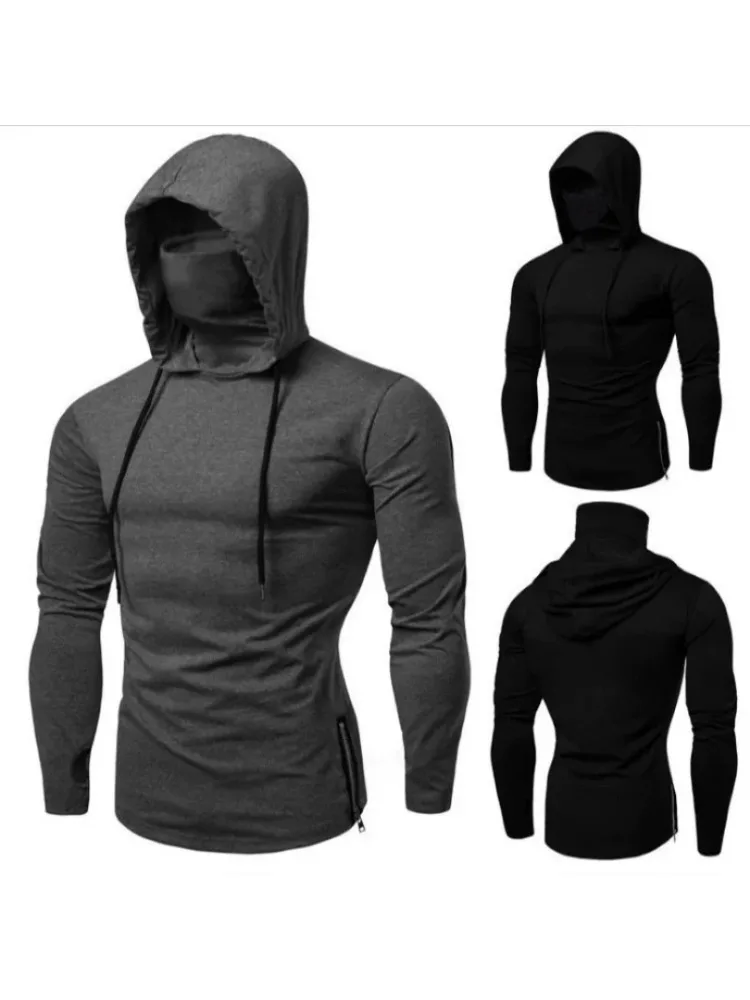 AliExpress NONE 2026 Men's Spring Autumn Gym Thin Hoodie with Mask Casual Splice Large Mask Hooded Sweatshirt for Cycling Motorcycle And Fitness