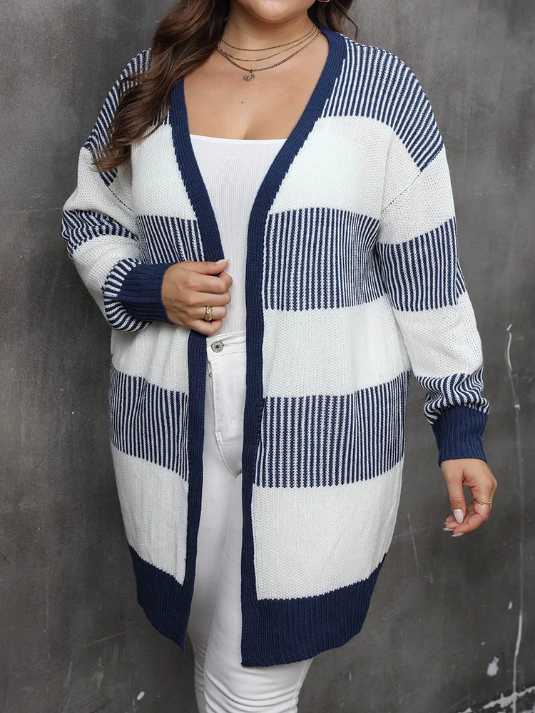 GIBSIE Plus Size Women\'s Cardigan Contrasting Color Striped Open Front Knitted Sweater Fall Winter Casual Long Cardigan Coat