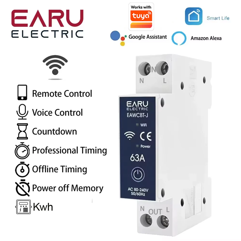 EARU TUYA MCB WiFi Smart Circuit Breaker 6-63A Time Relay Energy KWH Voltage Current Meter Protector Voice Remote Control Switch