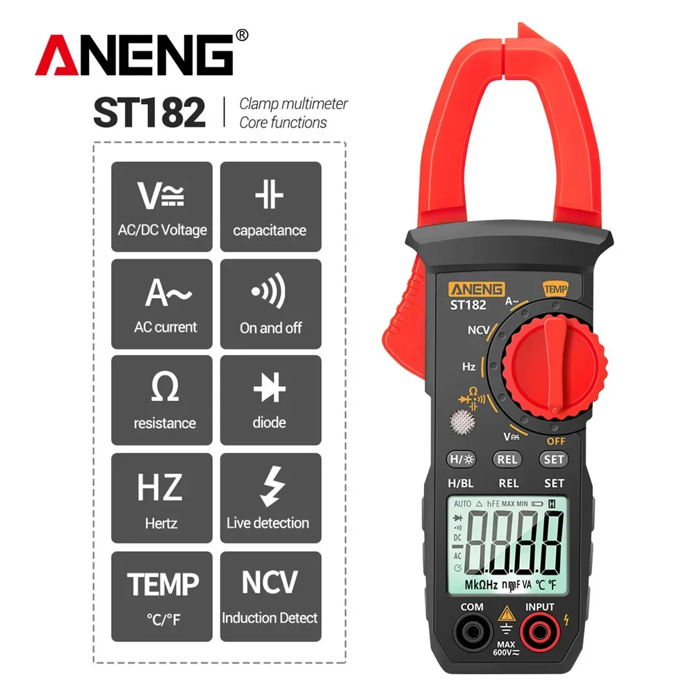 ANENG ST182 Medidor de braçadeira digital AC Multímetro de corrente DC/AC Tensão Amperímetro Teste de tensões Amp Hz Capacitância NCV Ohm Teste