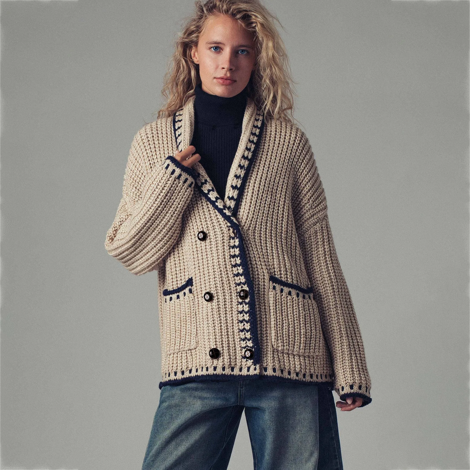Autumn New Warm Loose Knit Cardigan Contrast Trim Lapel Double Breasted Pockets Oversized Cozy Commuter Sweater Coat For Women's