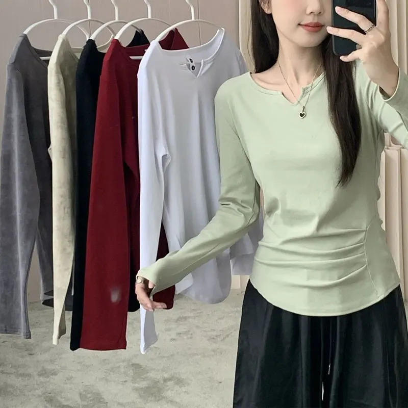 

Casual Long Sleeve Pullovers Female Clothing V-Neck Fashion Folds Spring Autumn Solid Color Basic Spliced Ink Painting T-shirt