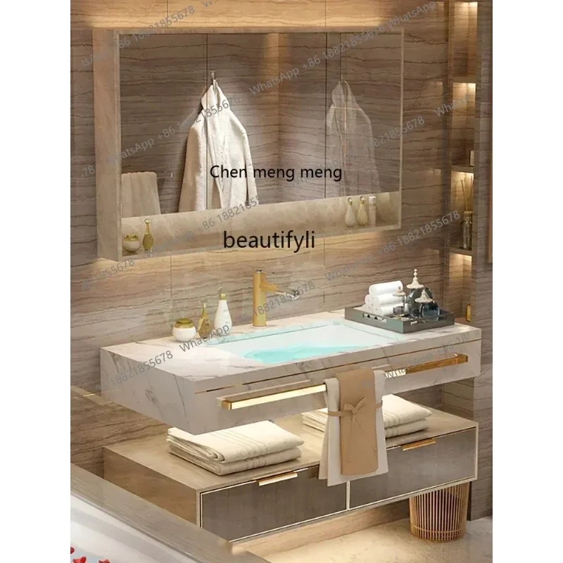 

cn8350 LHY A Light Luxury Stone Plate Seamless Basin Bathroom Cabinet Combination Hotel Style Large Suite Bathroom Hand Washing