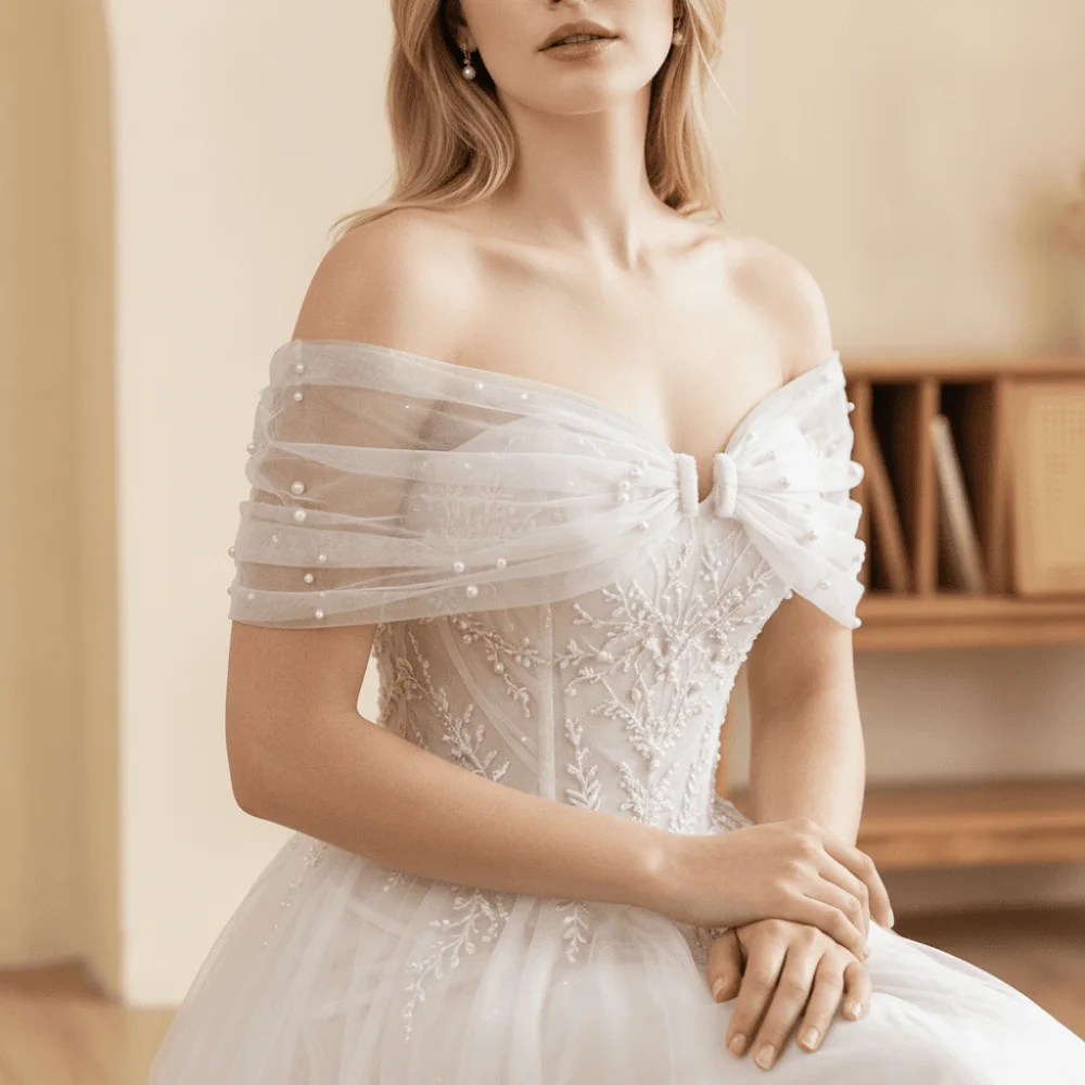 With Pearls Bridal Sleeves Multiple Colors Wedding Dress Off Shoulder Sleeves Solid Color Detachable Shoulder Straps Wedding