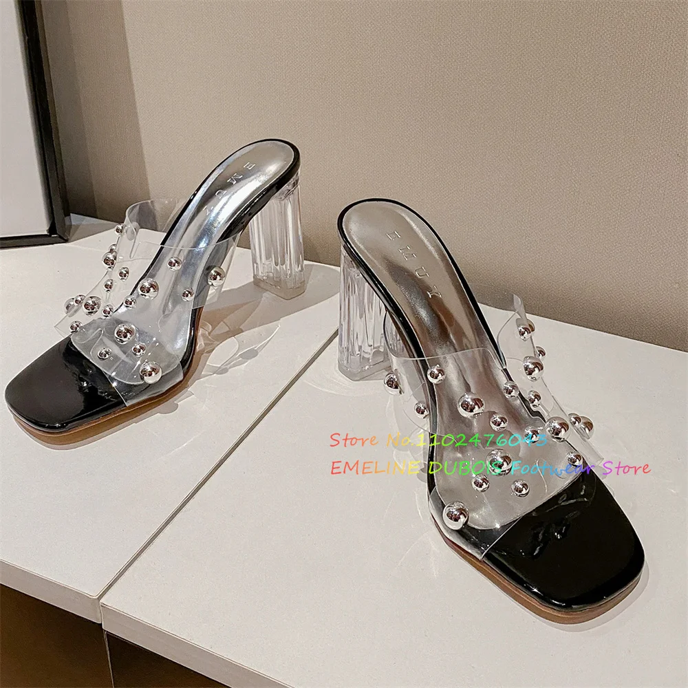 

Sexy Rivet Transparent High Heels Women Square Toe Thick Heel Fashionable Slippers Summer New Elegant Chunky Heel Mules