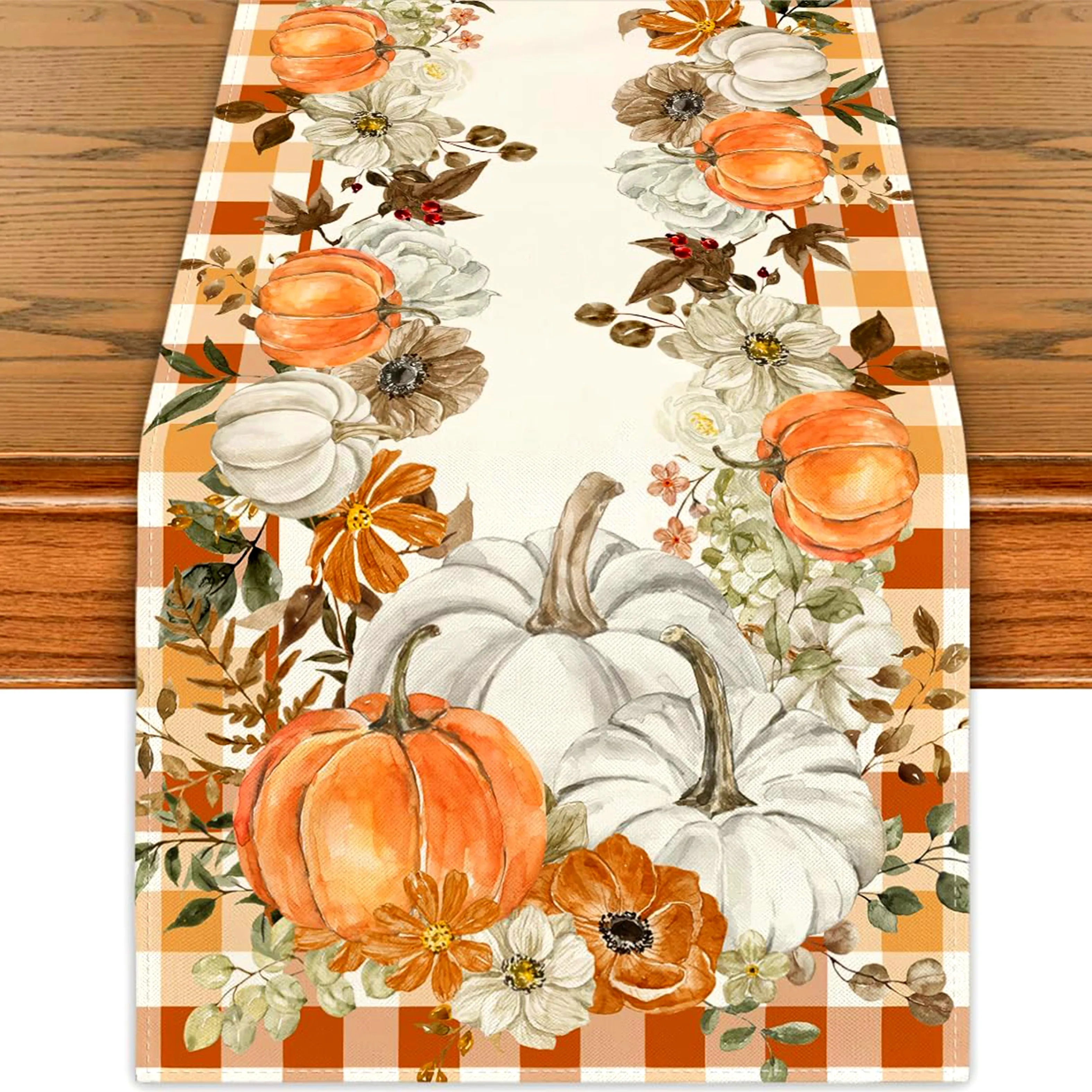 Polyester Table Runner Pumpkin Floral Gingham Checked Beige Base Artistic for Fall Dining Table Decor Charming Autumn Pattern