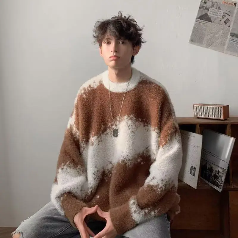 

Faionable Casual Knitted Sweater round Ne Ribbed Trimming Embroidered Pattern Loose Fit Men's Spring Autumn Winter Wear