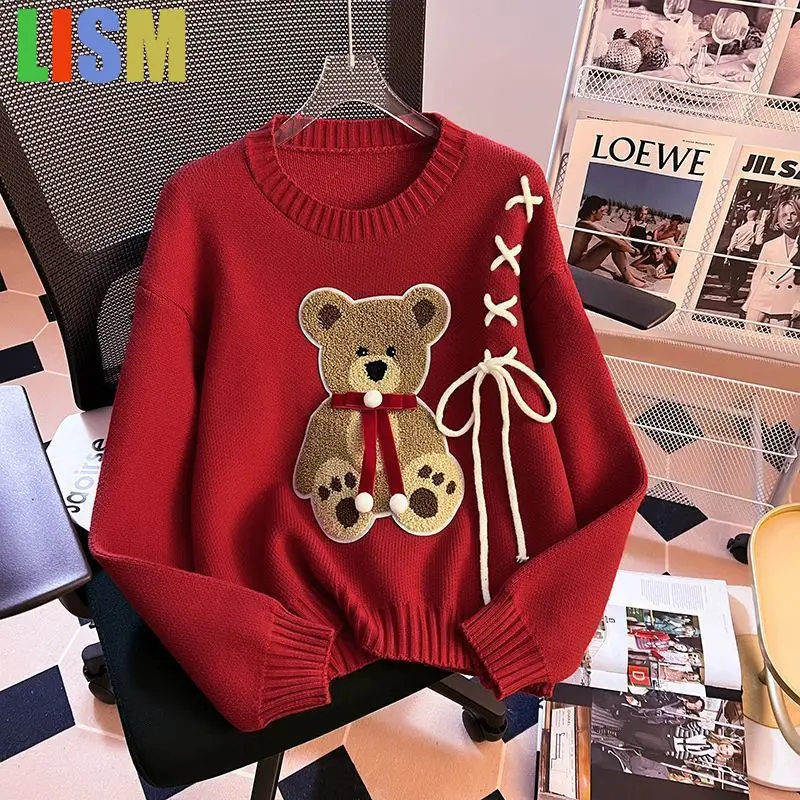 

LISM y2k hoodies sweatshirt Round Neck Pullover Bear Loose Sweater Winter All-match Casual Women Sweater Long Sleeve Outer Wear