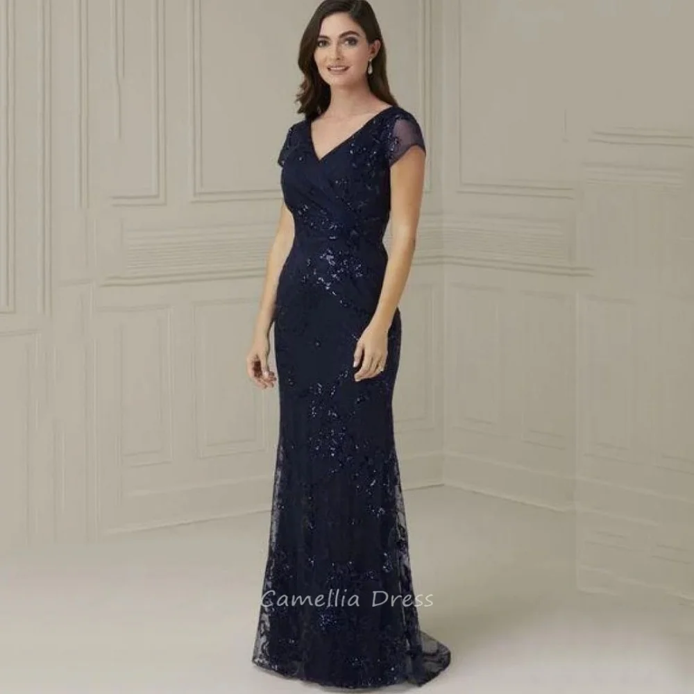Maßgeschneiderte Kleider für die Brautmutter, Spitze, V-Ausschnitt, Hochzeitskleid, Meerjungfrau, kurze Ärmel, Gastkleid