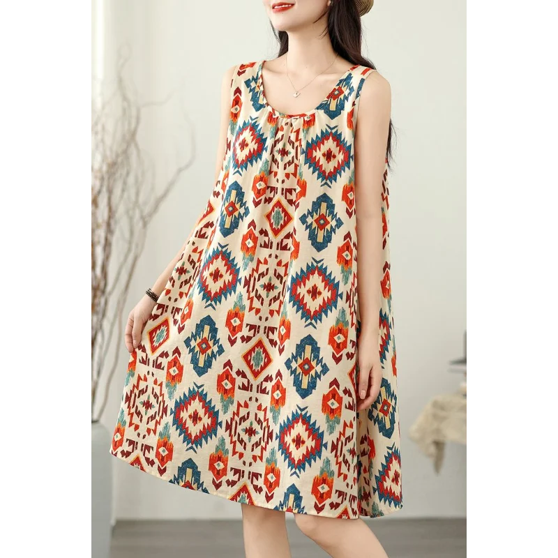 韓国版 レディース 夏用 ルーズ サスペンダー ドレス レディース Aライン ドレス ノースリーブ ドレス レディース コットンとリネン トップス 女性