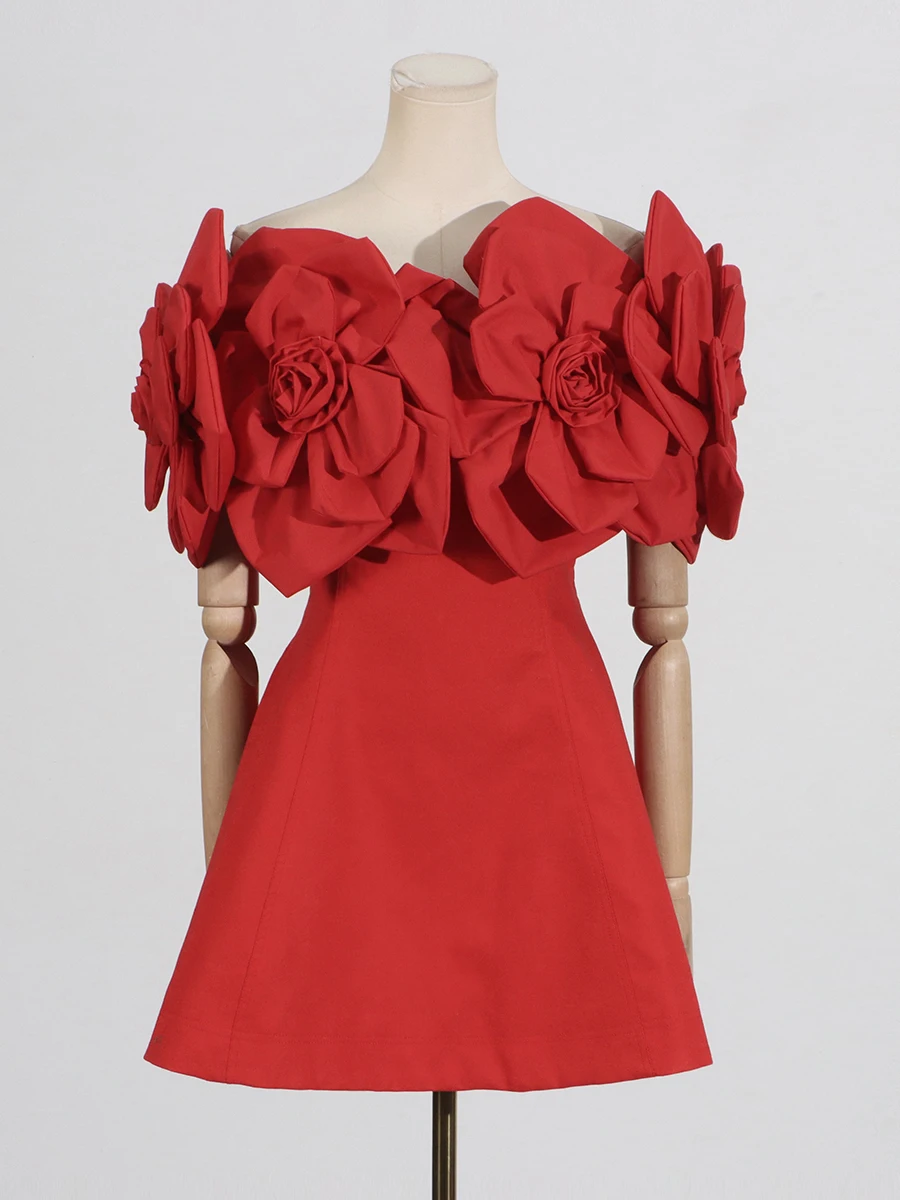 VGH 3D Flowers Elegant A Line Mini Dresses for Women Slash Neck Off Shoulder Sleeve High Waist Minimalist Short Dresses Female