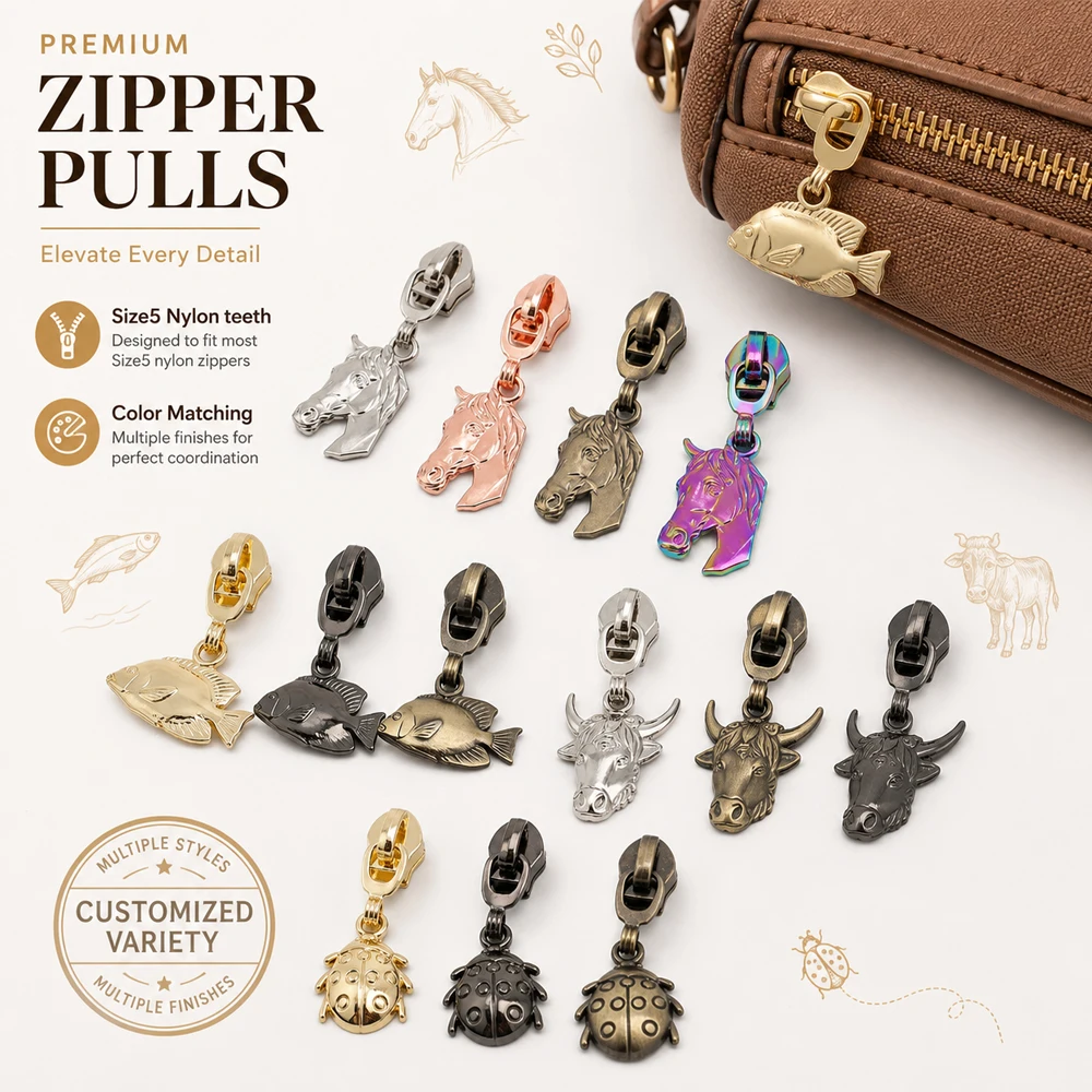 20/50/100PCS Highland cow,Fish,Horse Shape 5# Nylon Zipper Puller Slider For Clothes Bag Jacket Shoes Zip Head Decor Accessories