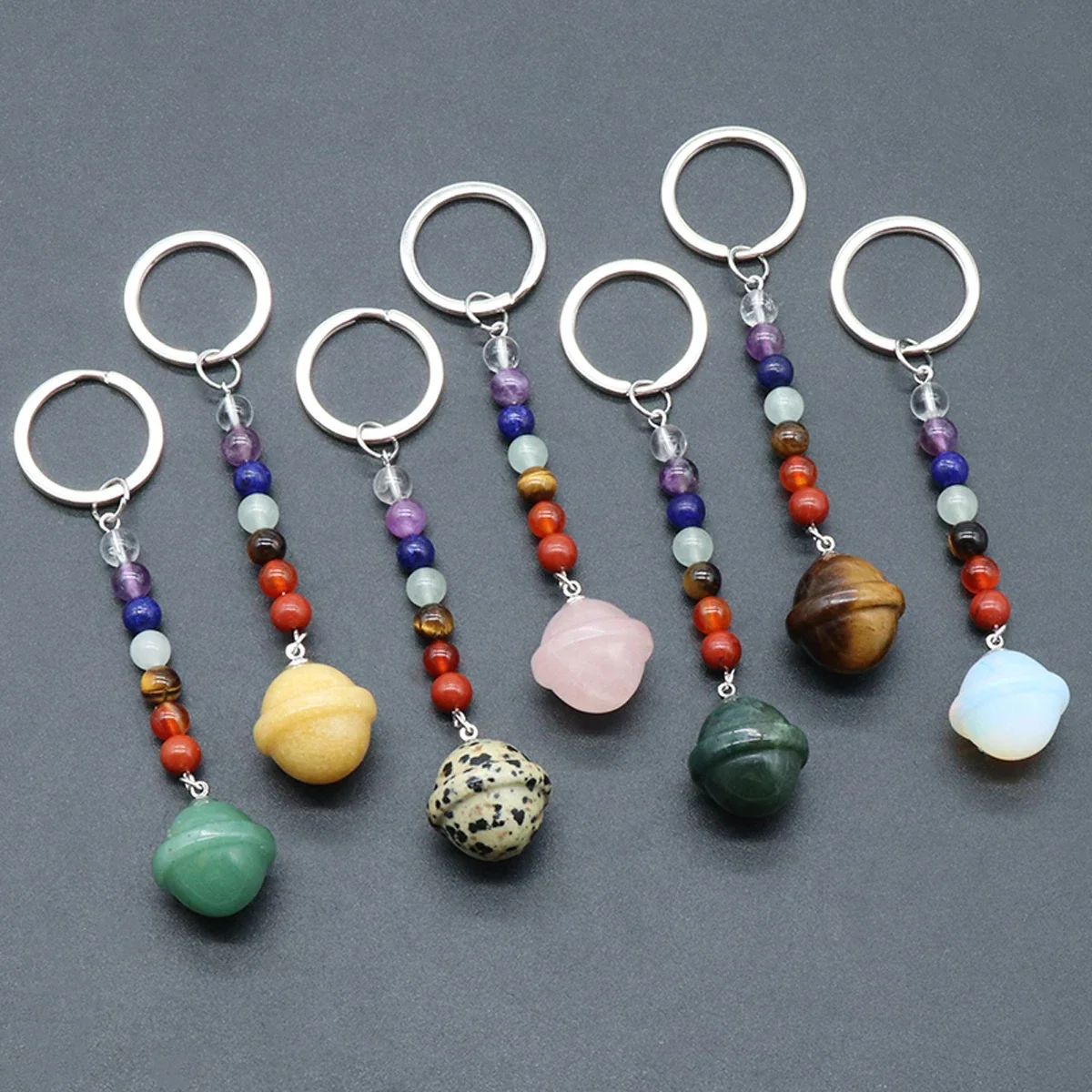 1Pcs Lucky Natural Stone Yellow Jade Green Aventurine Rose Quartz India Agate Colorful Asteroid  7 Chakra Reiki Healing Keychain