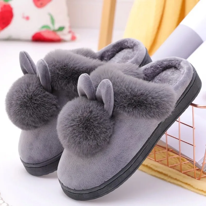 Sepatu Anti-selip Rumah Datar Lantai Dalam Ruangan Pria Wanita Slide Sol Lembut Tebal Pel Katun Dalam Ruangan Telinga Kelinci Mewah Musim Dingin Wanita