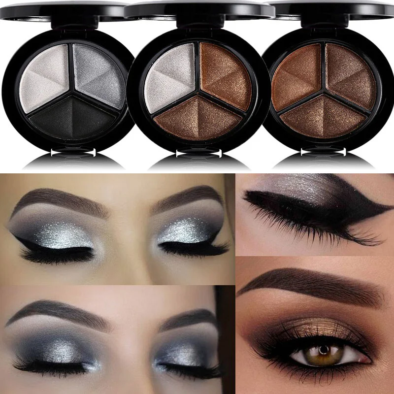 Paleta de sombras de ojos con brillo, 3 colores, maquillaje con espejo, sombra de ojos ahumada metálica, resistente al agua, sombra de ojos mate de larga duración