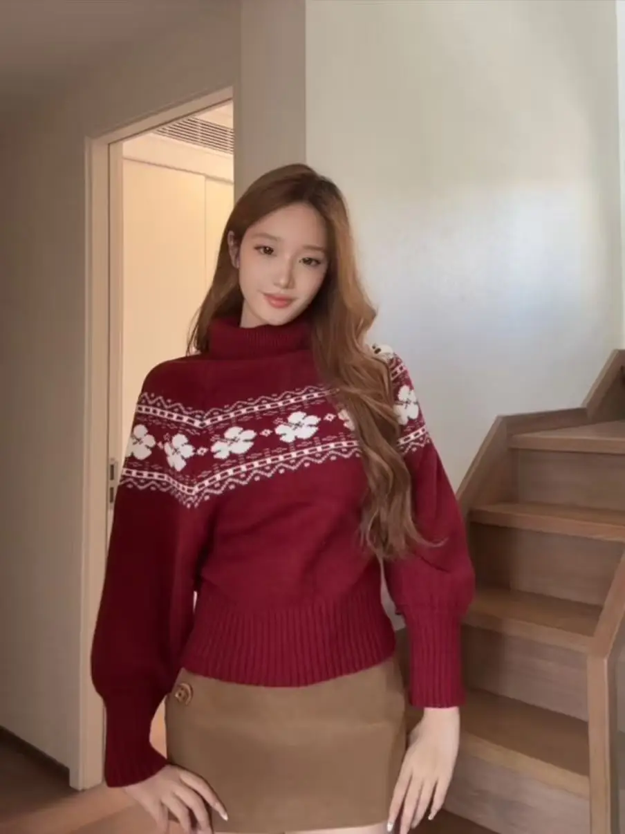 سترة نسائية كورية بياقة عالية وأكمام طويلة محبوكة، تصميم جديد للخريف والشتاء بنمط زهور حلو