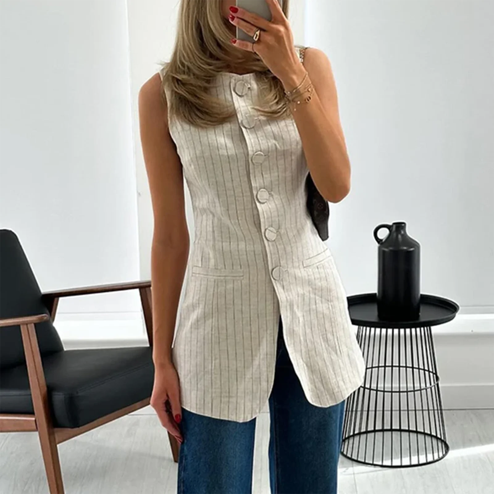 

Women's Aesthetic Striped Long Vest Tops Everyday Sleeveless Button Up Tops Slim Formal Blazers Round Neck Vests