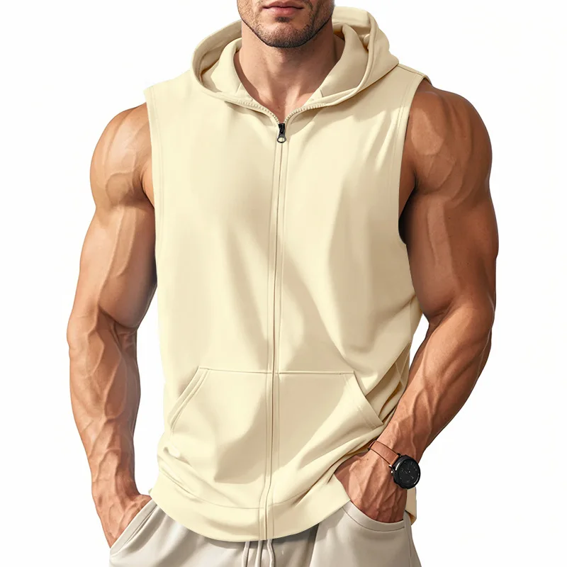 American Summer Neue Kapuzenweste für Herren, Sport, Fitness, Training, Reißverschluss, Strickjacke, ärmellose Weste – Detail 30