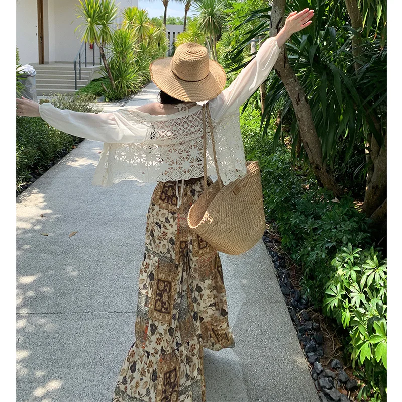 ボヘミアンエスニックスタイル ハイウエスト ワイドレッグパンツ フレアパンツ トラベルロングパンツ ベスト フロア丈 通勤スタイル ポリエステル繊維