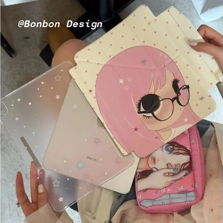 Pink Kawaii Glasses Girl Y2K Cover For iPad Pro 13 11th M5 M4 12.9 A16 10 8 7 9th 10th For iPad Air 11 M2 M3 Mini Tablet Case