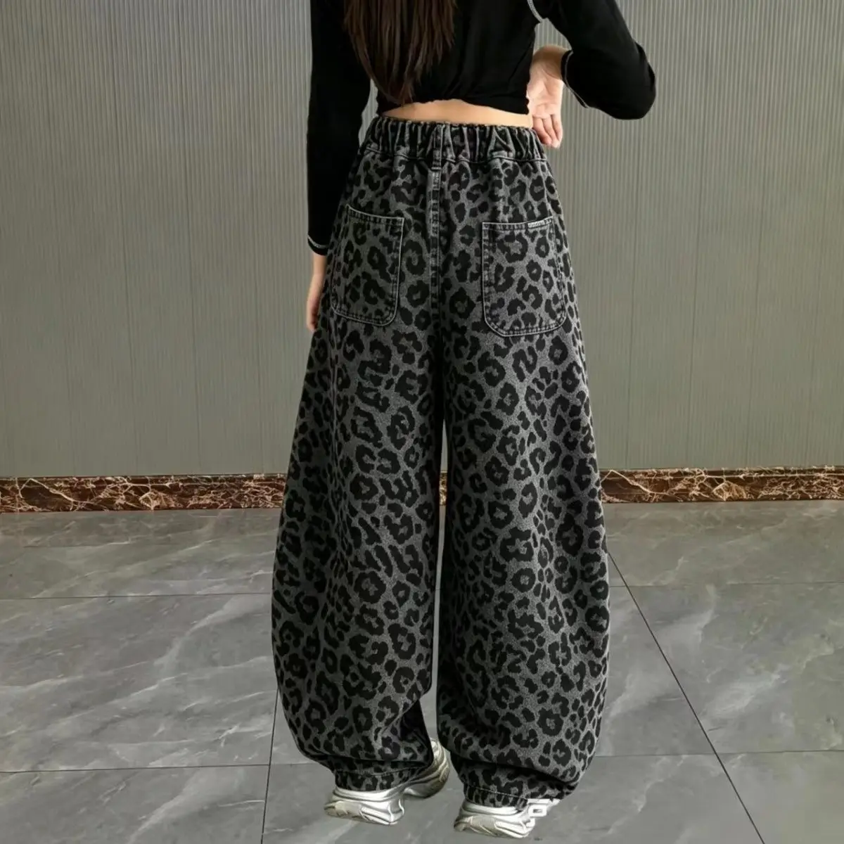 Pants Girls Leopard Print Wide Leg for Autumn and Winter Stylish with Large Pockets Elastic and Versatile Work Pants