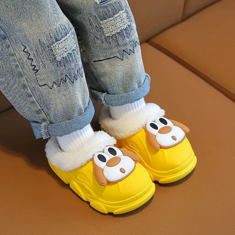 Kids Cotton Slippers 2026 New Half Covered Unisex Cartoon Animal Design Thick Plush Warm Home Indoor Light Outdoor Shoes