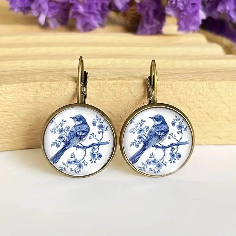 Vintage Antik Bronze Blau Elster Vogel Blume Haken Ohrringe für Frauen Schmuck Accessoires Geschenke