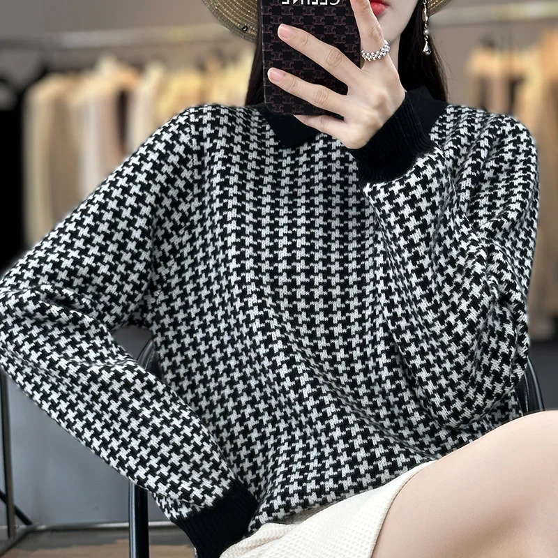 Atasan lembut wanita, pakaian rajut wol kerah Polo Houndstooth tebal Pullover kasmir musim gugur dan dingin 100%