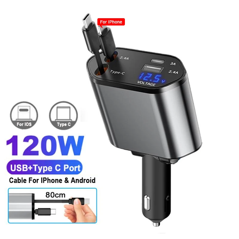 Car Phone Charger Adapter 120W USB Type C Fast Charger Cable with Retractable Cords Volt Display Fit for iPhone IPad Samsung