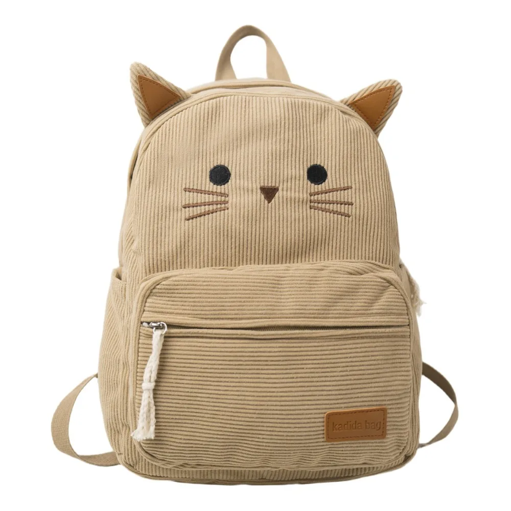 Y2k Sweet Cartoon Cat Backpack Multicolored Minimalist Corduroy Rucksack Multiple Pockets Durable Student School Bag Gift