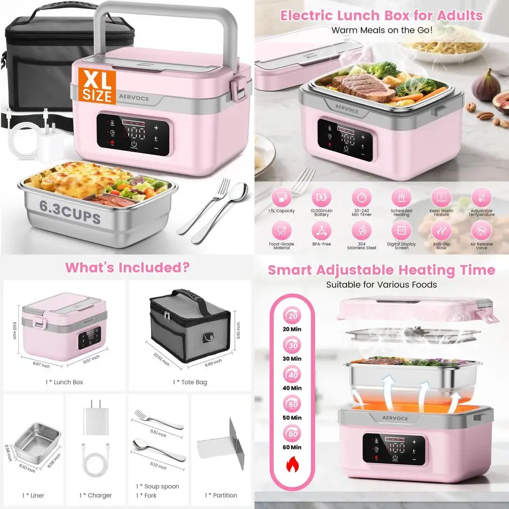 

Portable 1.5L Cordless Heated Lunch Box for Women - 10000mAh Food Warmer for Car, Office, Outdoor Jobsites (Pink)