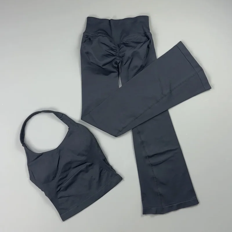 2 Pieces Sports Set Women Scoop Halter Sports Crop Top High Waist Bootcut Leggings Fitness Yoga Outfit Hip Lifting Activewear