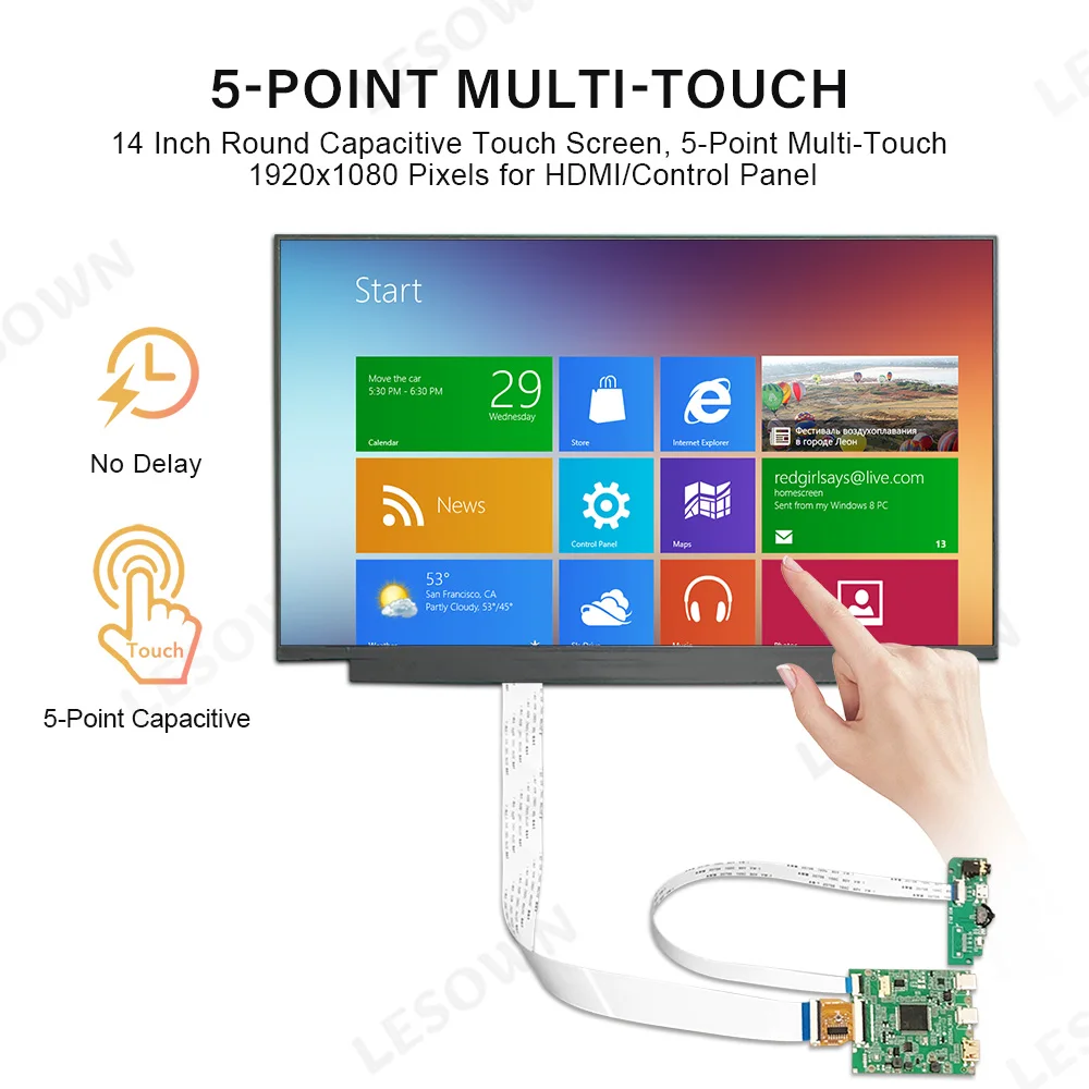 LESOWN 14 Inch LCD Display Module Touch Screen 1920x1080 Capacitive Panel Embedded Monitor Industrial DIY HDTV Type-C