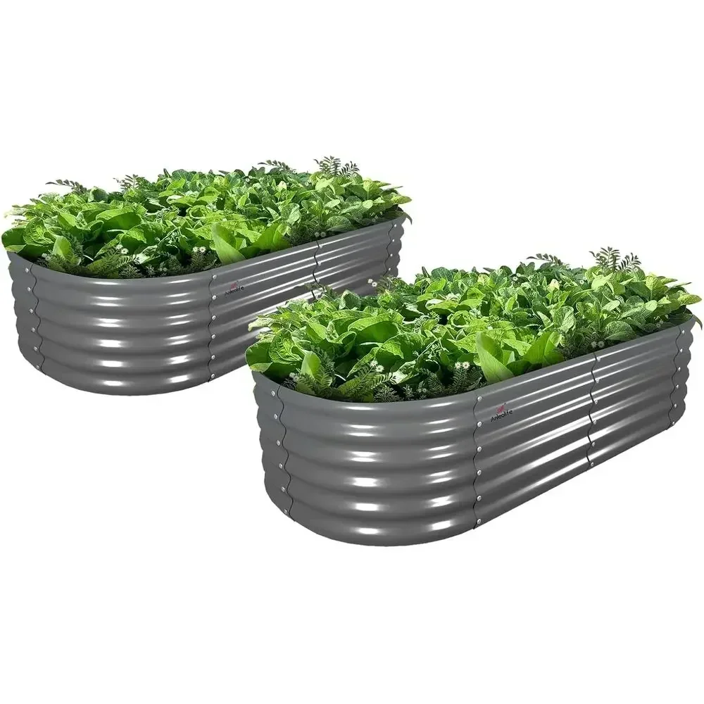 2 Pack 6x2x1.5 ft Galvanized Oval Raised Garden Beds for Outdoor Planting, Vegetables, Herbs, Quartz Grey