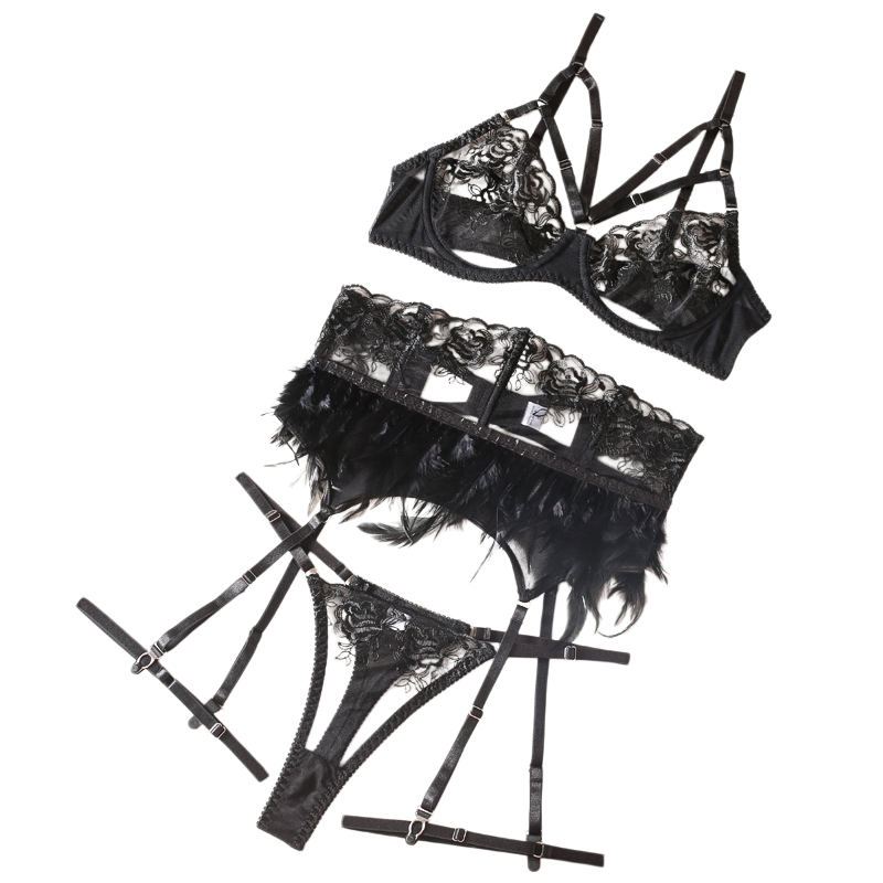  Krasapt Luxury Feather Embroidered Lingerie 3 Pcs Set Woman Sexy Black See Through Bra And Panties Erotic Suits 
