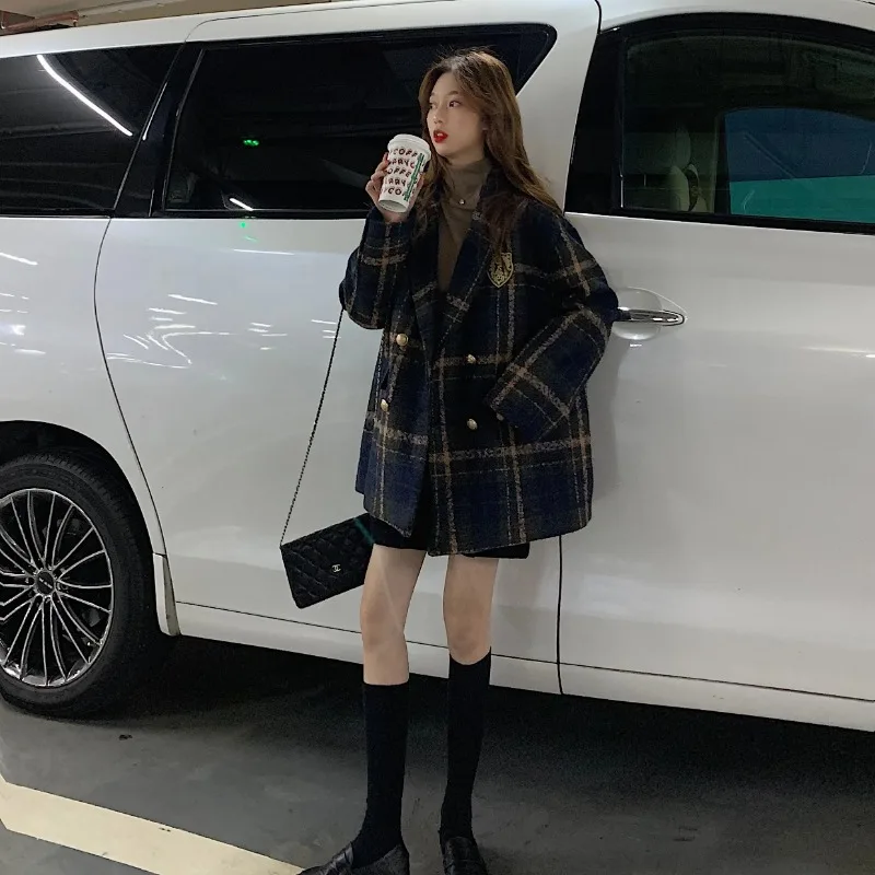 패션 여성 정장 프레피 스타일 오버사이즈 체크무늬 수트 울 코트 루즈핏 롱 여성 오버코트 캐주얼 여성 핫 여성 재킷