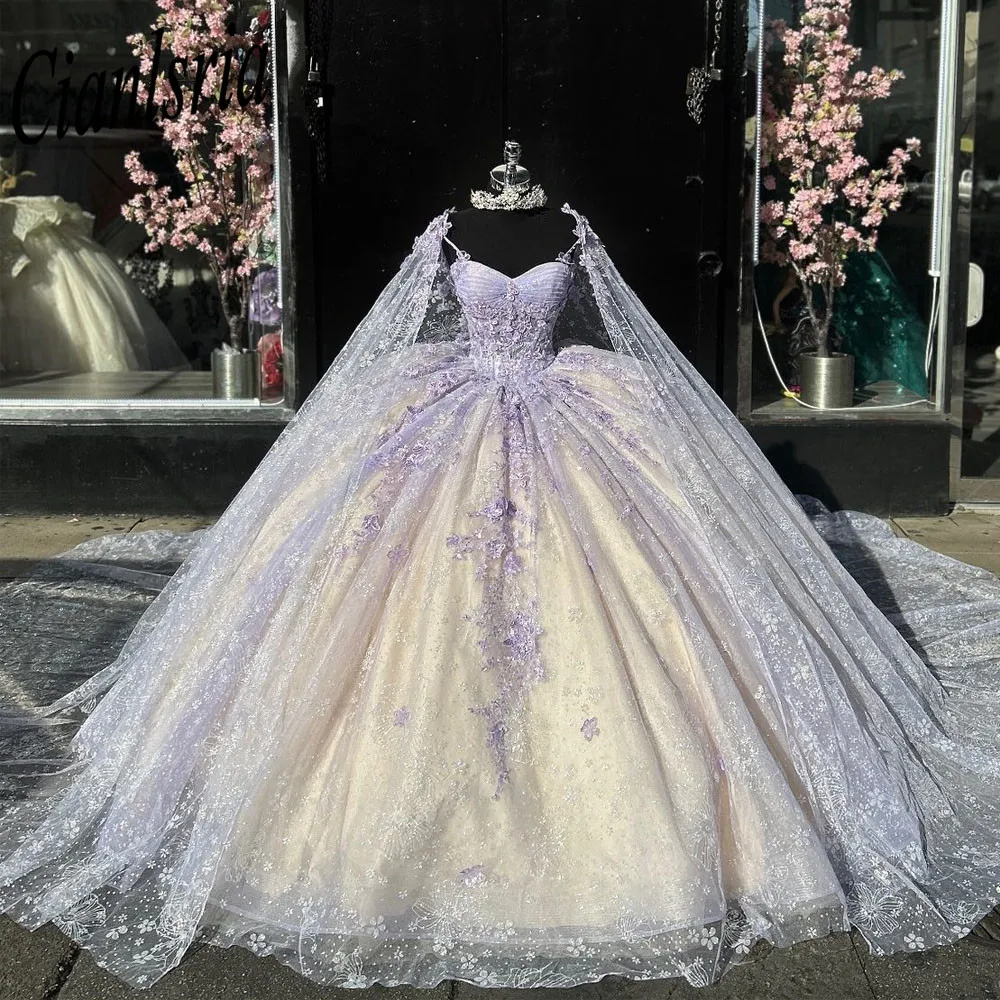 Vestido De baile De quinceañera con purpurina De cristal, vestido De quinceañera con capa, ilusión, apliques De lentejuelas, corsé, 15 Años