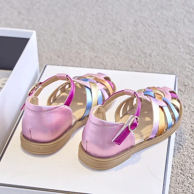 Sandalias suaves y coloridas para niñas, zapatos de vestir de fiesta de Princesa a la moda, planos de tejido de playa, verano, 2024